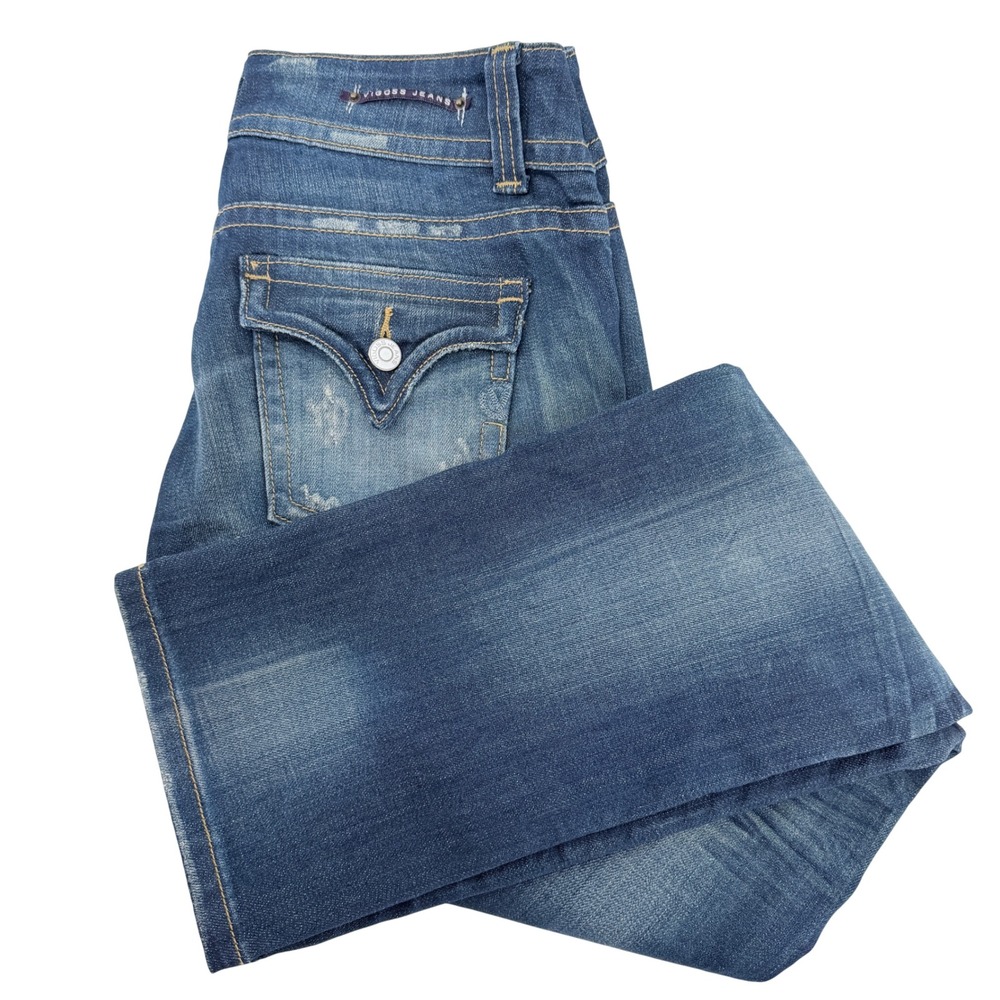 Vigoss Straight Leg Selvege Jeans Womens 7 Blue Whiskered Distressed Exc‎ Cond.